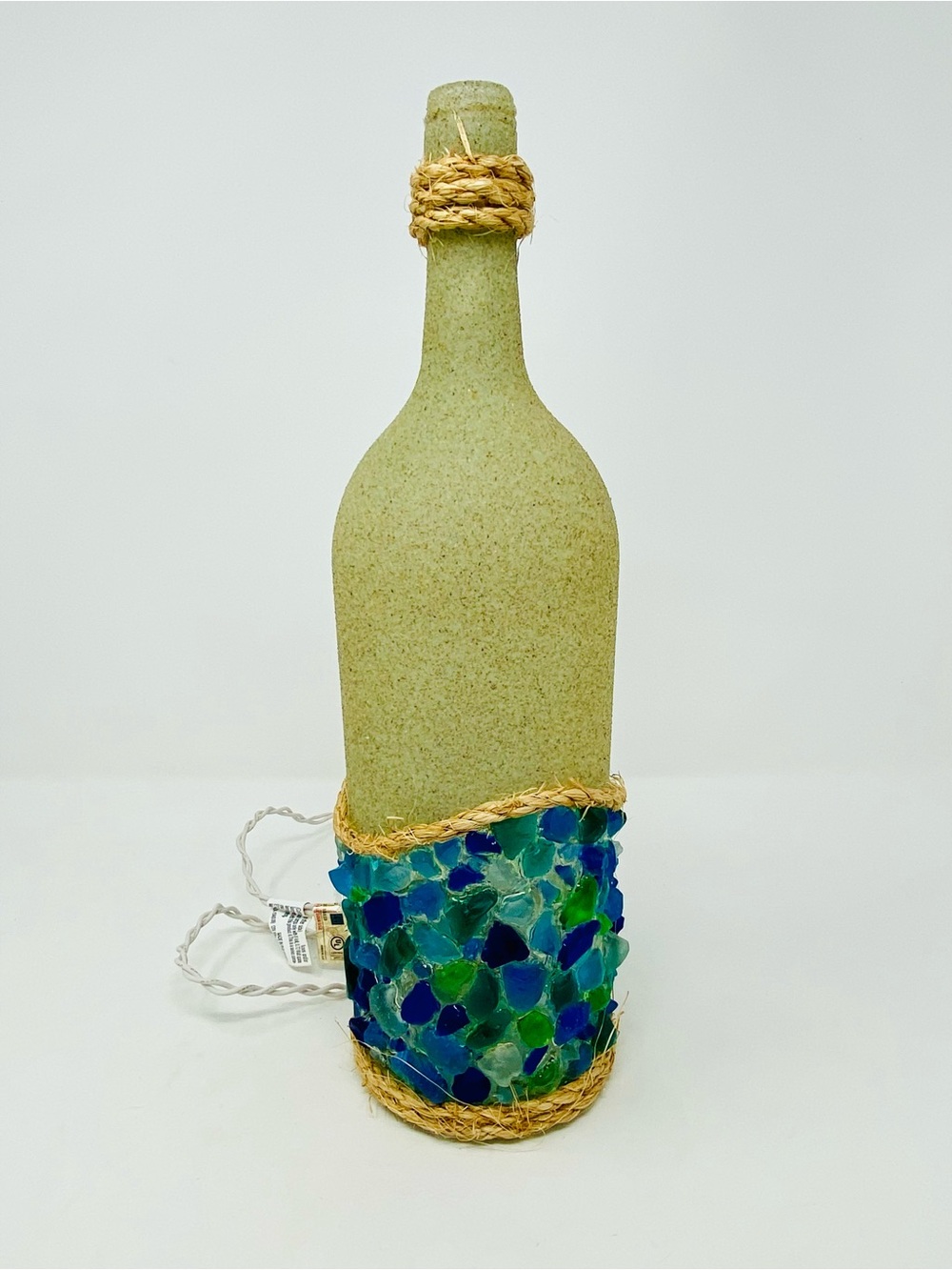 Handmade 1.5L Sand & Seaglass Light Up Coastal Decor with Rope Detail